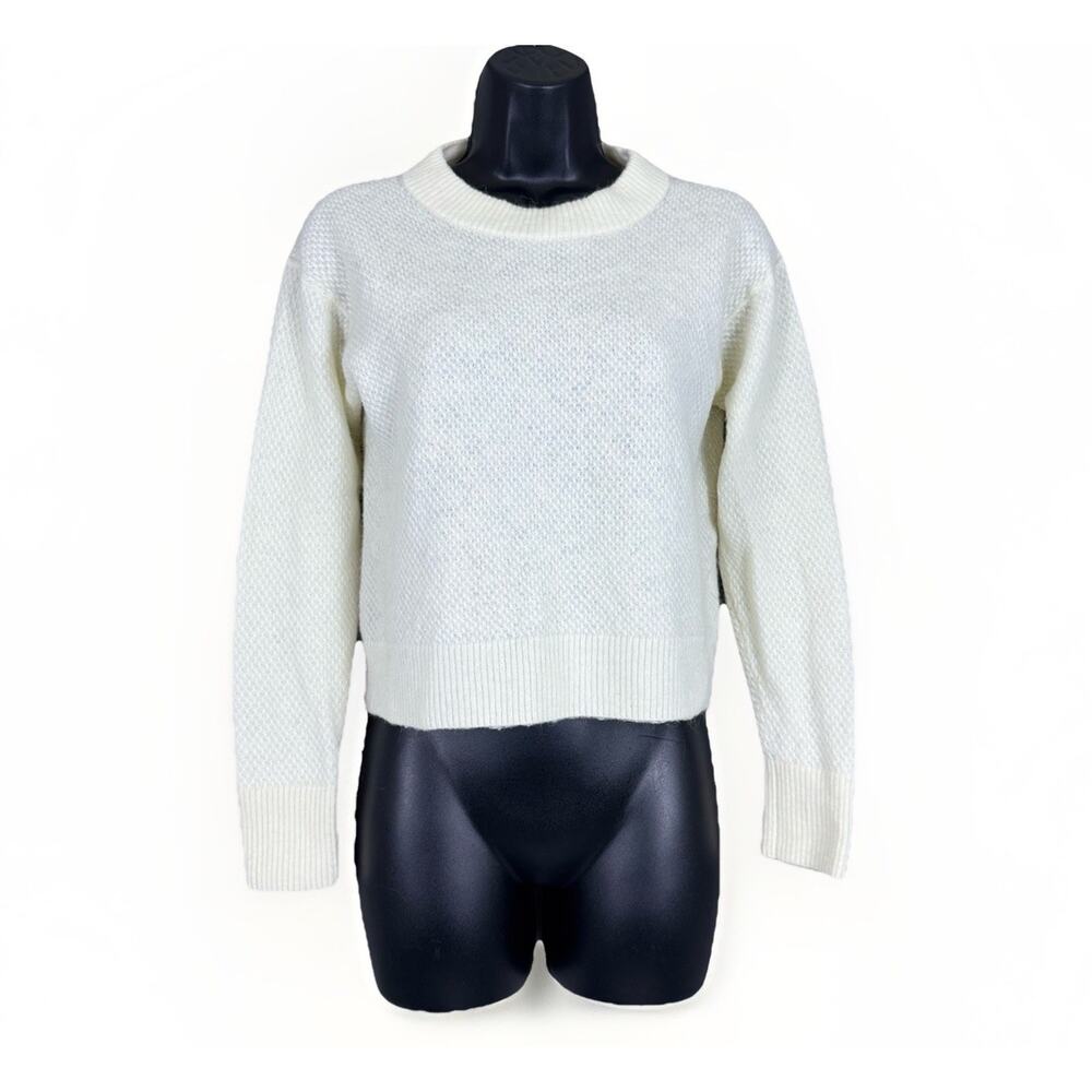 Quince Ivory Baby Alpaca Wool Blend MED Diamond Stitch Crop Sweater‎ 3/4 Sleeve
